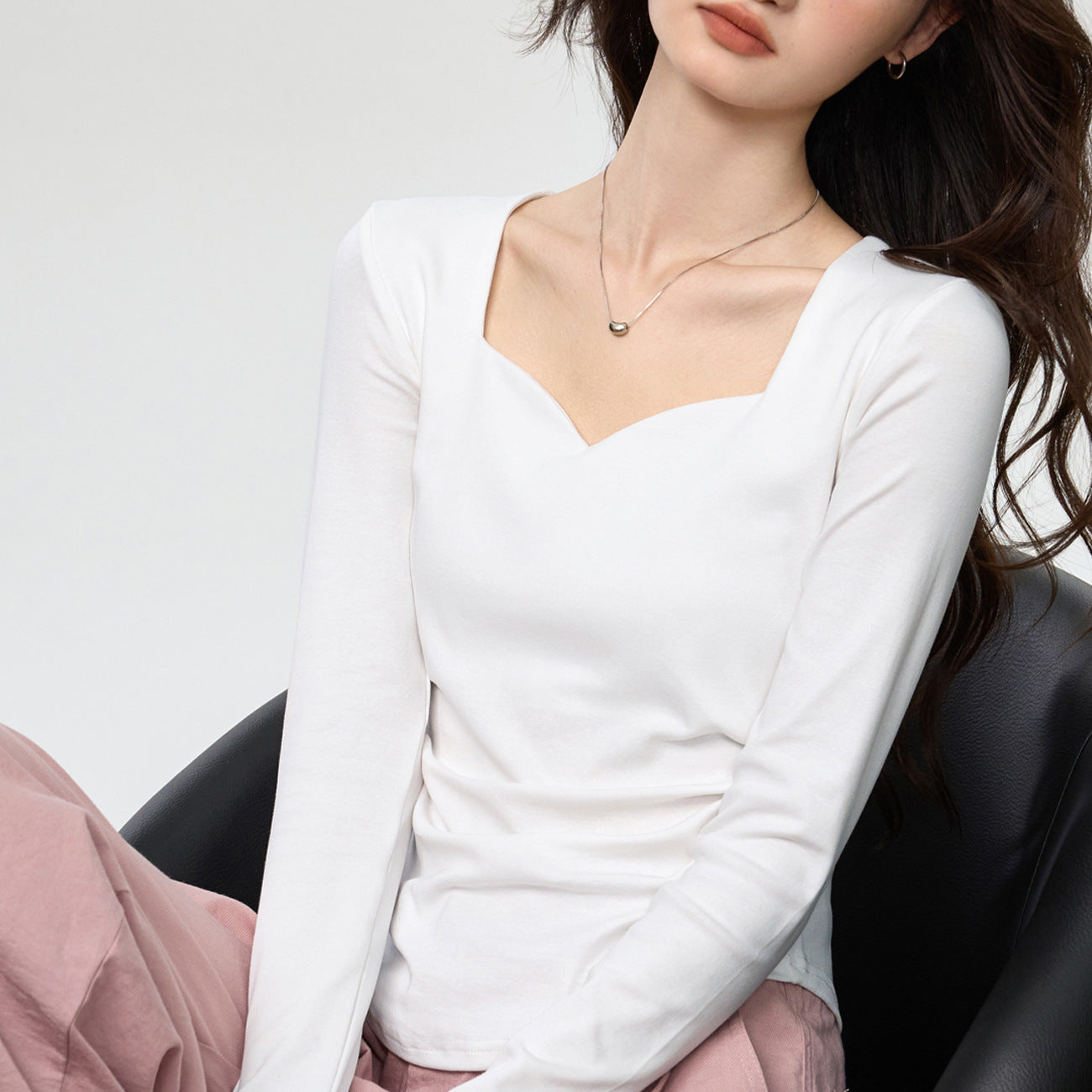 #40 combed pure cotton #peach heart square neck long-sleeved T-shirt women's autumn new pleated slim-fitting front shoulder top bottoming shirt