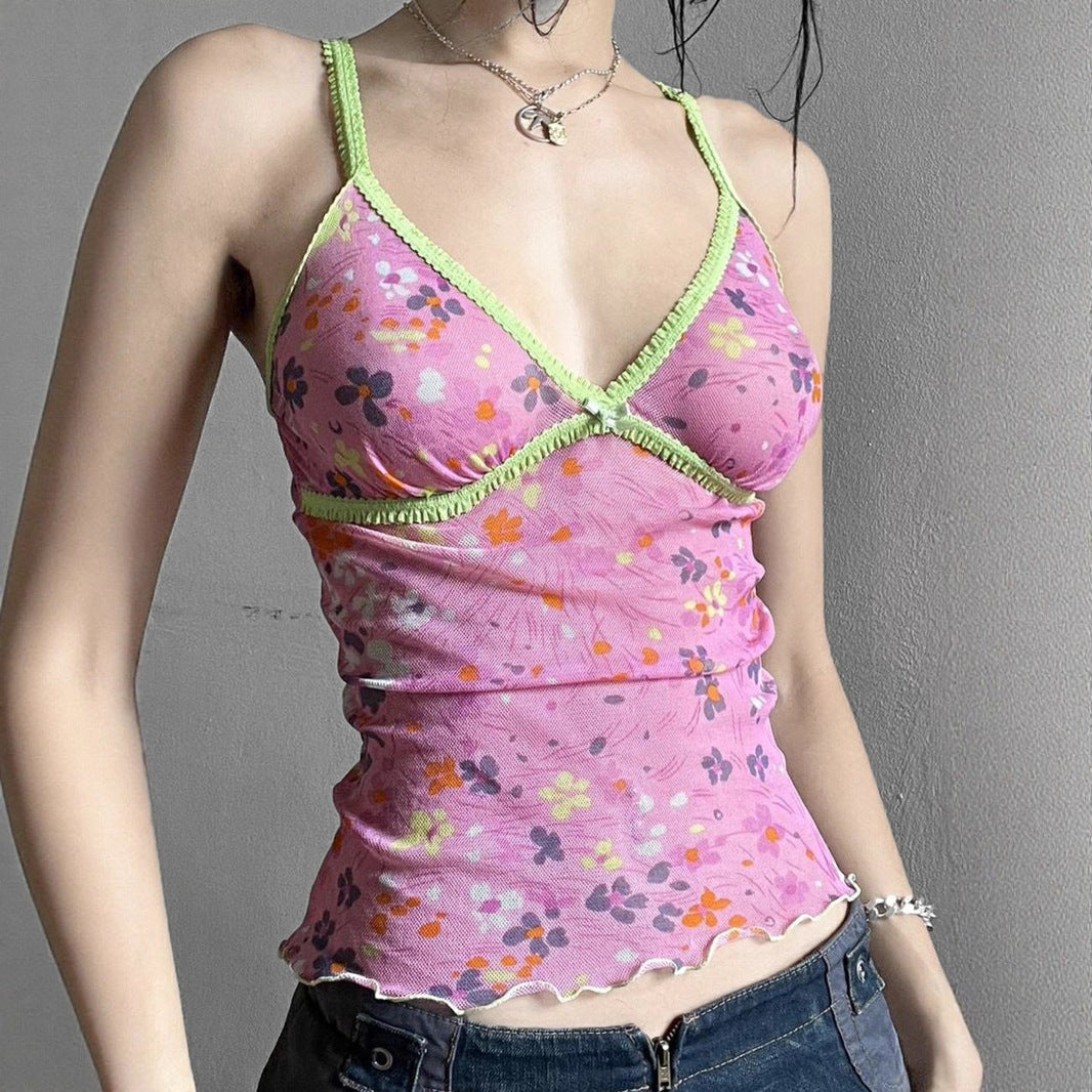 American vacation mesh flower print splicing contrasting color small vest Spice girl V-neck curled edge sexy suspender top