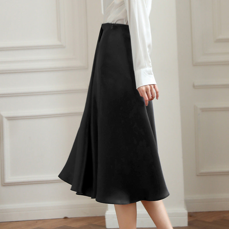 Fried Street Elastic Waist Acetic Acid Skirt High-end Silky 2025 Spring and Summer New Over-the-Knee Swing Skirt
