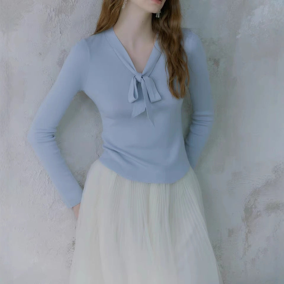 Lyocell silk wool blend! 2-color simple slim-fitting V-neck streamer knitted sweater bottoming shirt for women