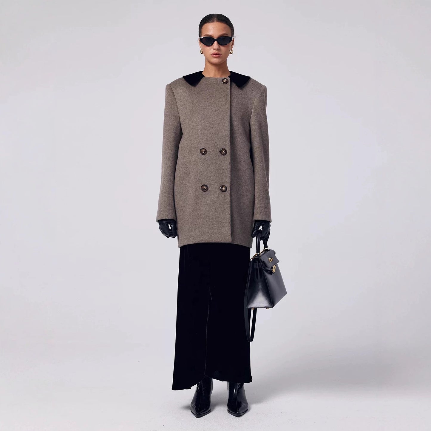 2025 autumn and winter new silk velvet long half-body elastic waist split French 45 ° oblique cut fishtail A-shaped skirt