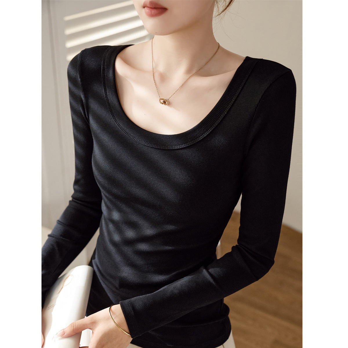 无惧货比优棉螺纹u领长袖T恤女2026秋冬新款修身显瘦上衣打底衫韩