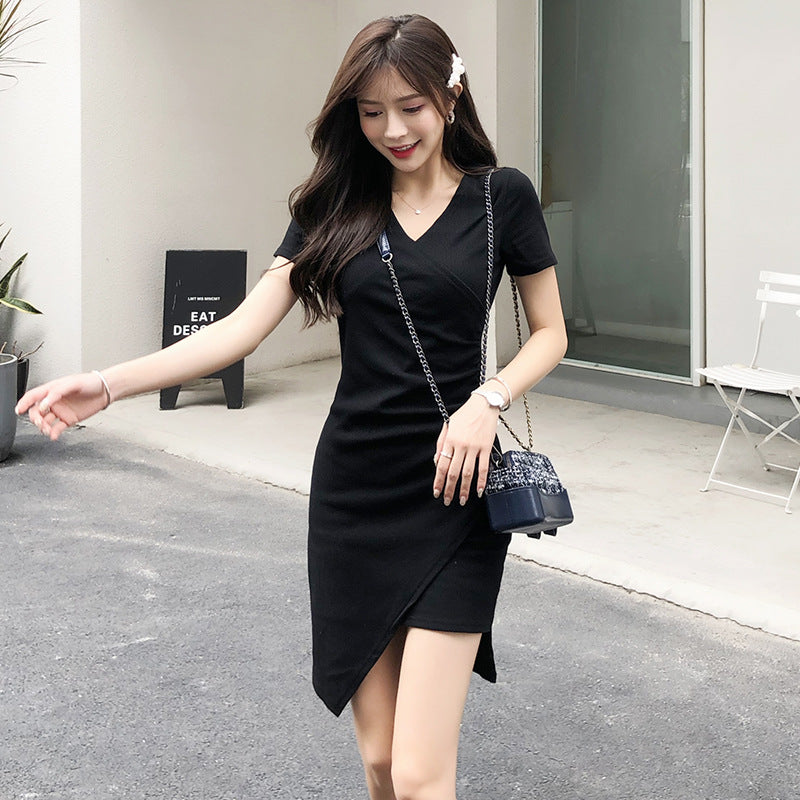 French irregular dress women's summer slim skirt 2026 new threaded cotton split-ended small black dress solid color top