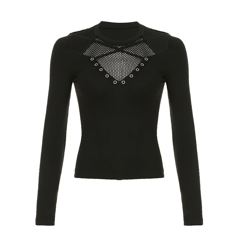 Love cloth forget Y2K dark irregular mesh splicing hollow off-the-shoulder long-sleeved T-shirt sexy see-through slim-fit top