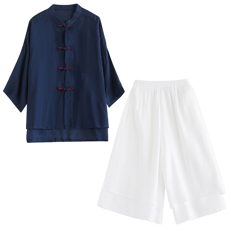 Real shot summer top women's 2025 new Chinese retro disc buckle tea clothes sunscreen air conditioner shirt set