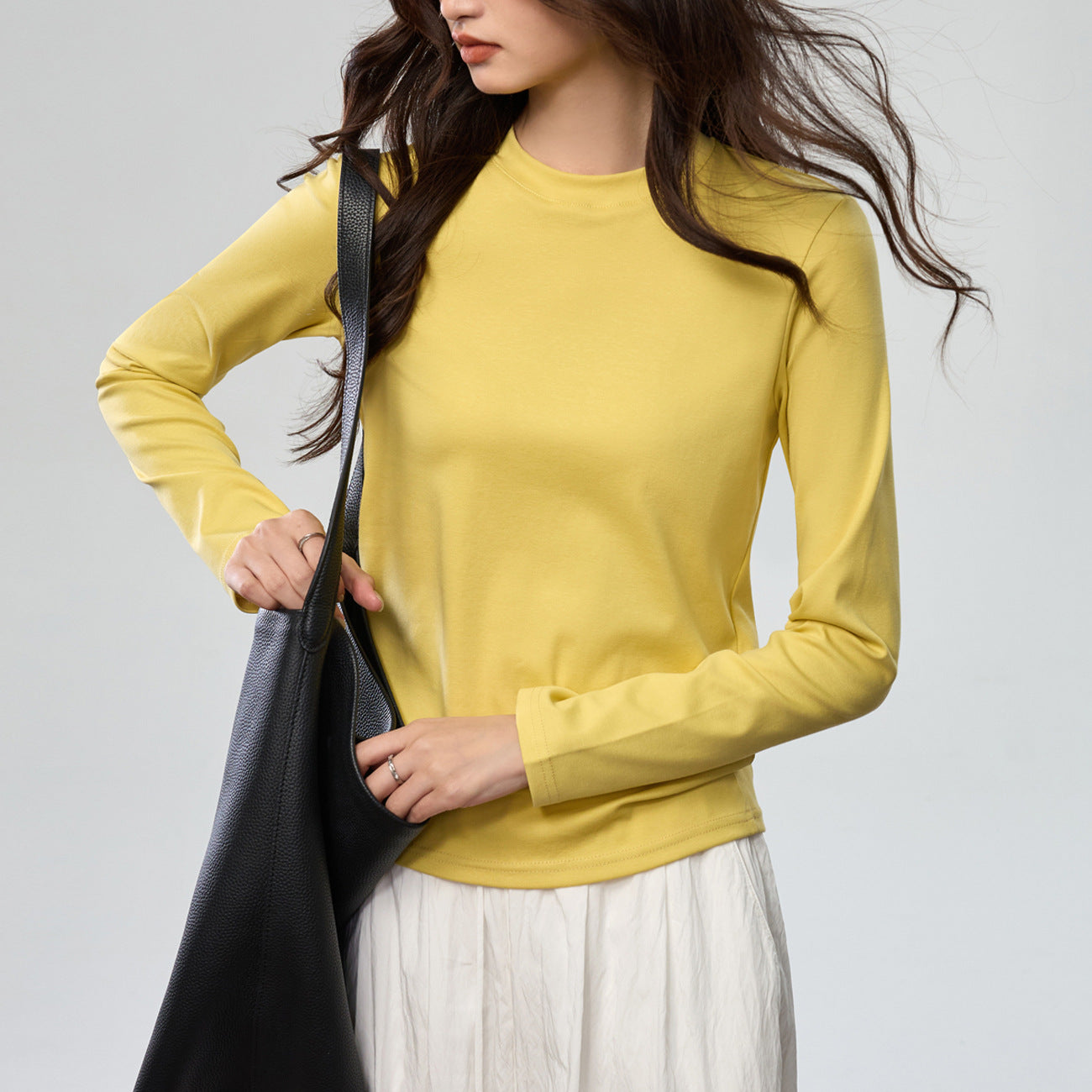 40 combed pure cotton, loose straight T-shirt women's semi-high round neck long-sleeved bottoming shirt solid color versatile pink top