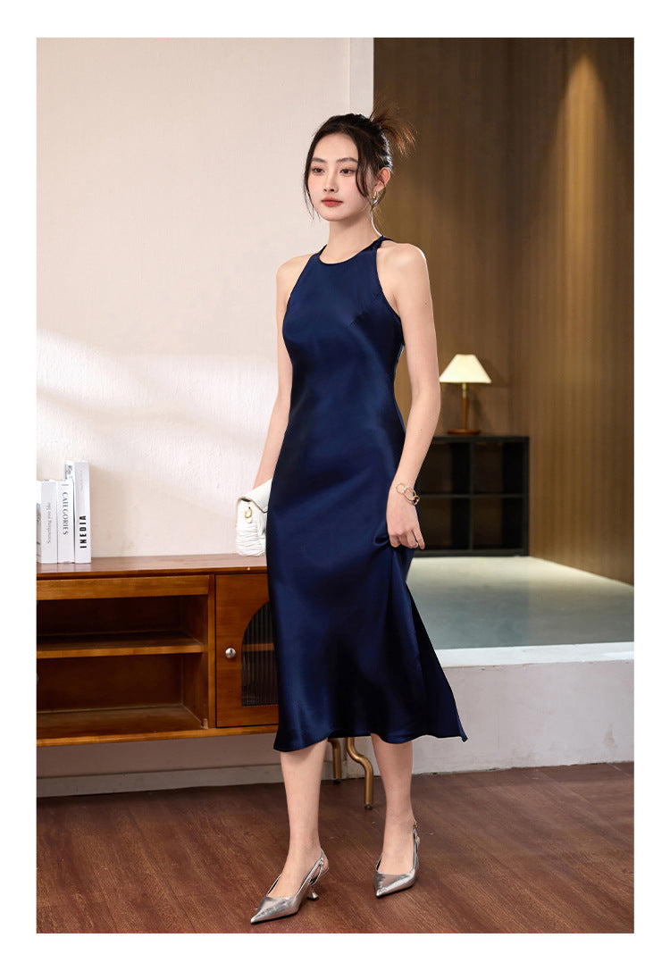 New Chinese acetic acid satin sleeveless dress for women's summer waist temperament versatile slit skirt looking thin commuting