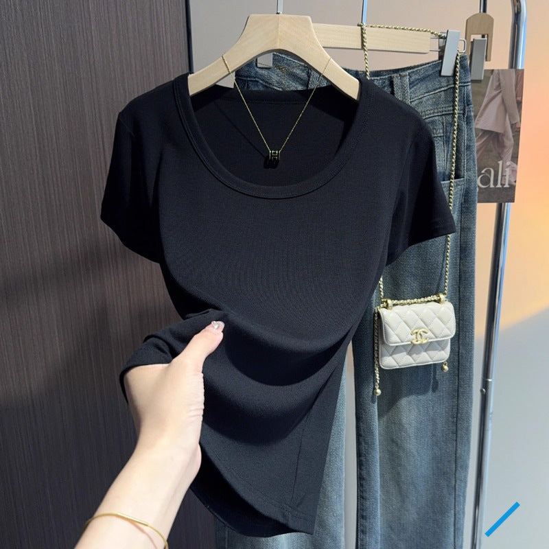 Dark gray u-neck short-sleeved t-shirt women's summer front shoulder Korean versatile temperament round neck threaded bottoming shirt slim top