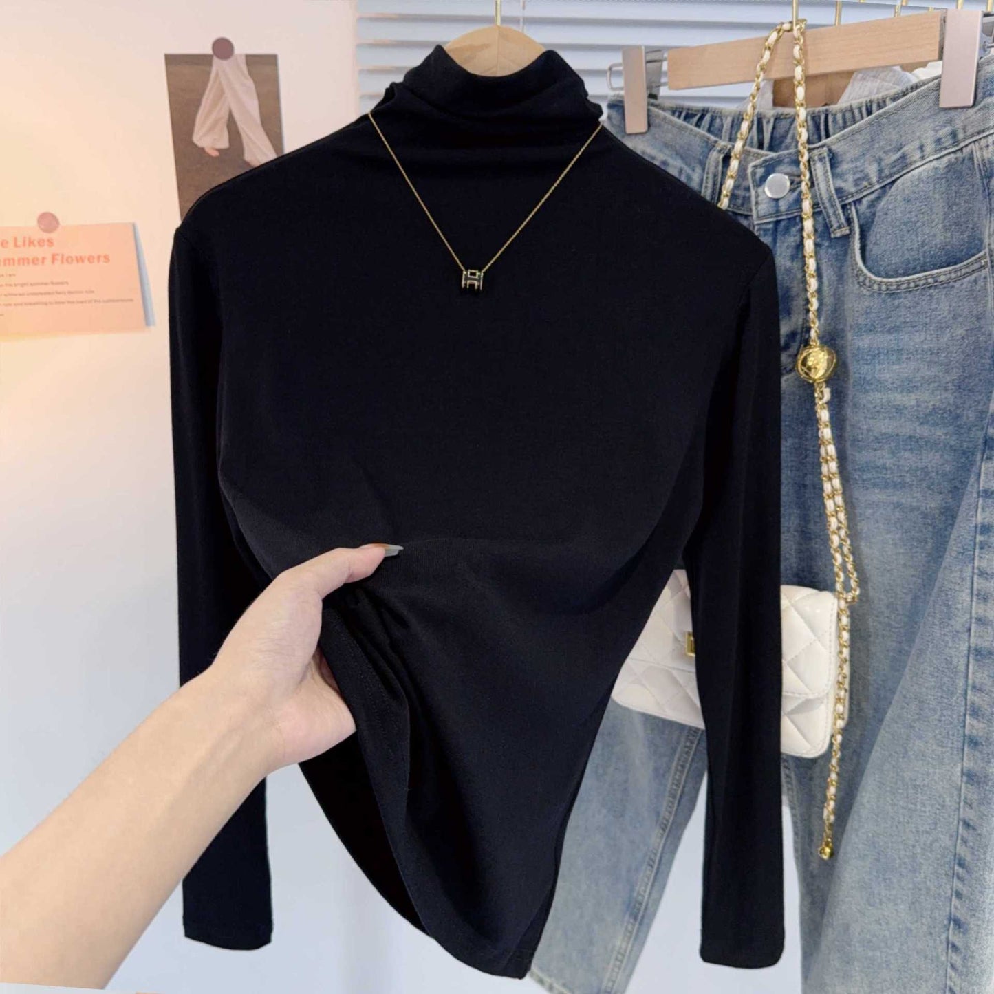 Threaded turtleneck base shirt women's 2025 new autumn and winter inner stacked collar long-sleeved T-shirt foreign style black versatile top