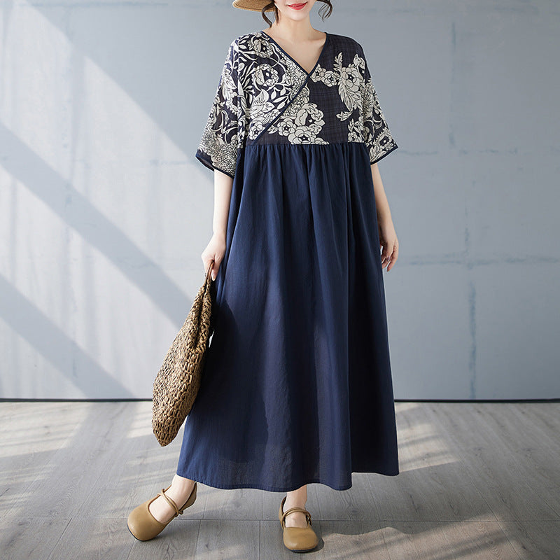 2025 cotton season new cotton and linen V-neck splicing retro style dress middle-aged and elderly mother dress large size dress