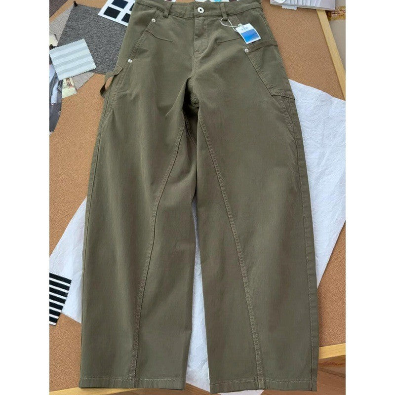 Original recommendation! American retro army green asymmetric pocket design silhouette denim overalls scimitar pants women