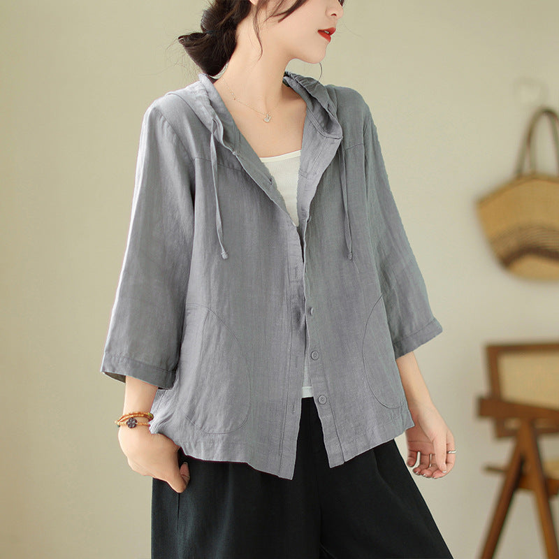 Real shot 2025 spring new literary loose solid color hooded nine-quarter sleeve shirt women's shirt top #9338