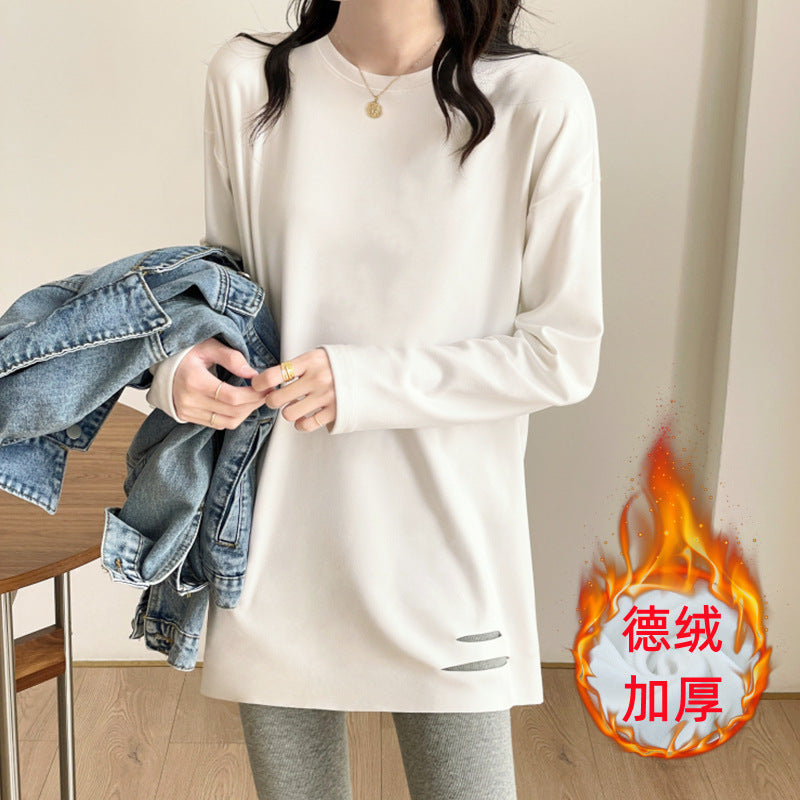 Medium and long loose German velvet white long-sleeved butt-covering t-shirt semi-turtleneck bottoming shirt women's velvet ripped clothes
