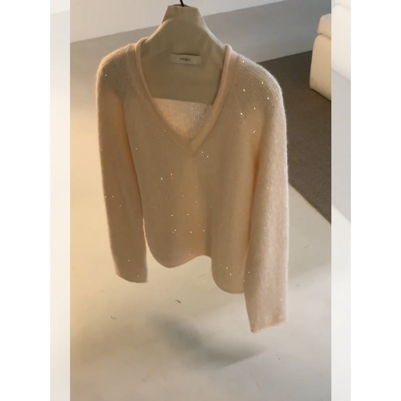 Lazy high-end pink V-neck pullover sweater women wear in autumn and winter, a great-looking loose and versatile knitted top