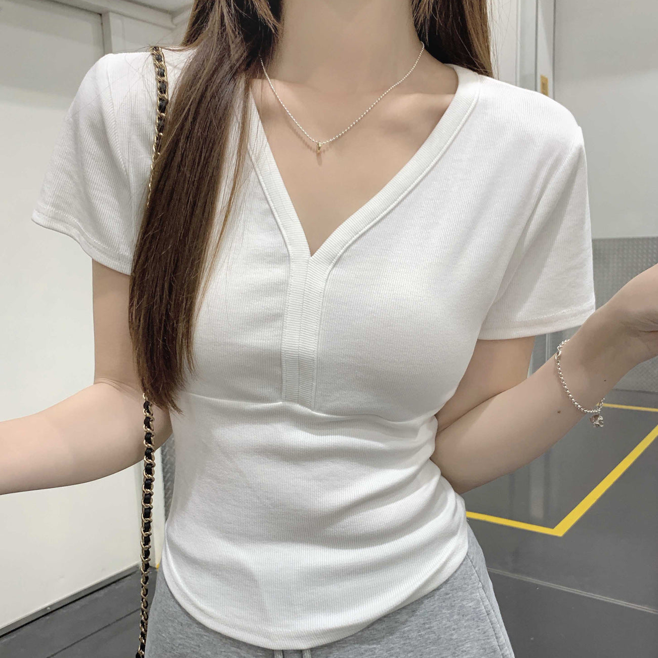 #260 Youke Silk Zhen Quality #Korean Shoulder V-Neck Short Sleeve T-Shirt Women's Summer New Simple Solid Color Versatile Top
