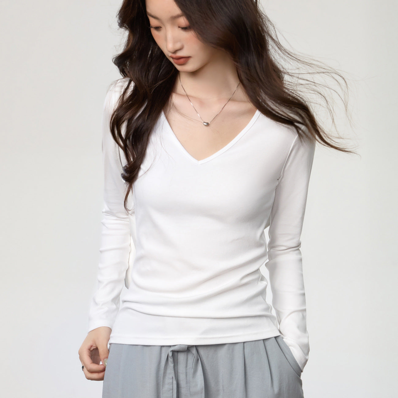 40 combed pure cotton, soft waxy and skin-friendly, round neck solid color simple slim and thin long-sleeved T-shirt women's bottoming shirt top