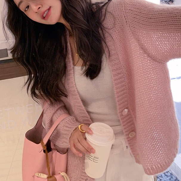 Transitional season knitted, soft cardigan lazy mohair small coat women's early autumn long-sleeved top