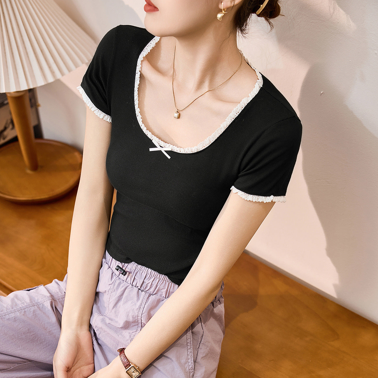 #260G Youke silk, Zhen quality #lace T-shirt women's summer new U-neck bow short-sleeved contrasting high-waisted top