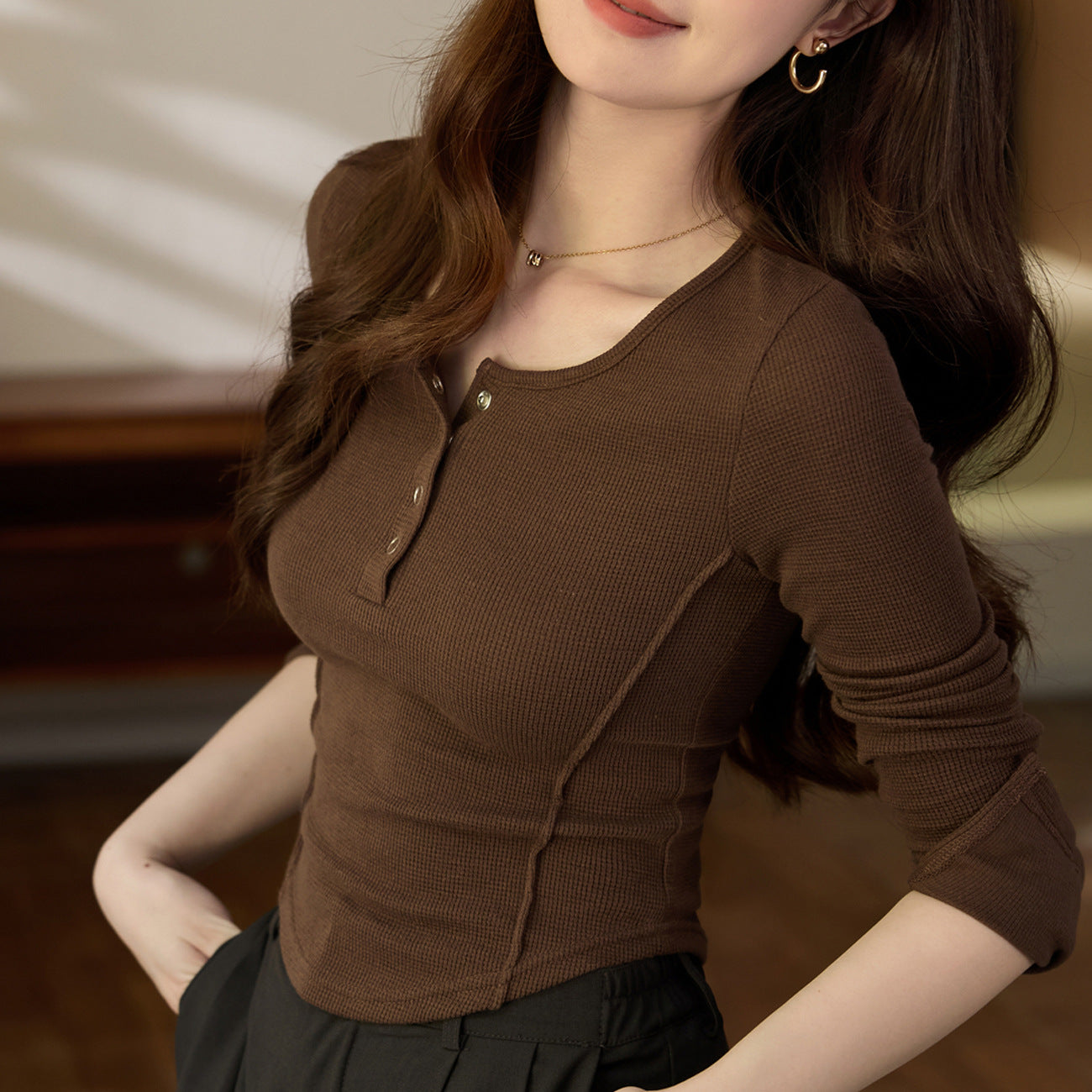 #Selection of high-quality products #three-dimensional line curved long-sleeved T-shirt women's 2026 autumn new high-waisted short Spice Girl top