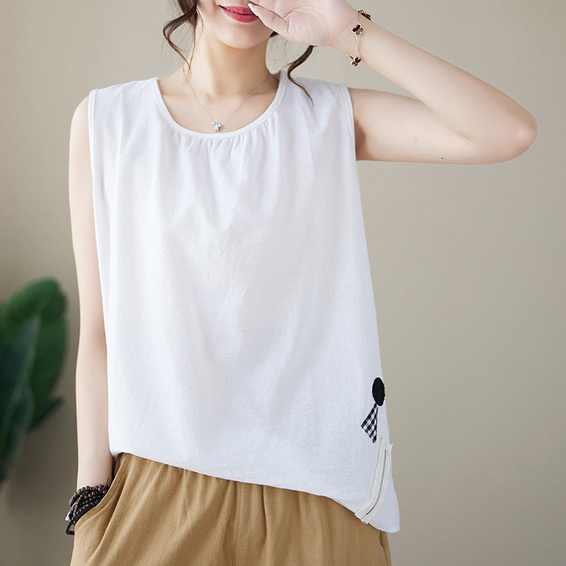 In the summer of 2025, the new cotton and linen patches, fine wrinkle vest, women's loose sleeveless T-shirt top