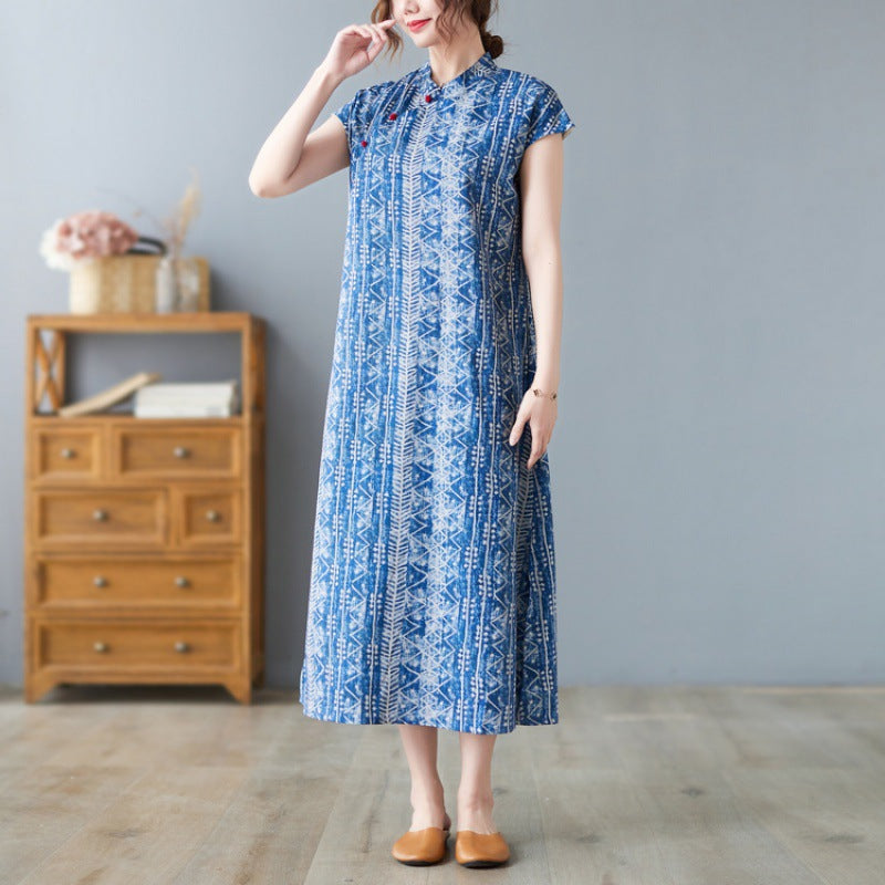 Real shot 2023 summer new retro disc buckle Chinese style improved cheongsam batik tea clothes short sleeve dress women