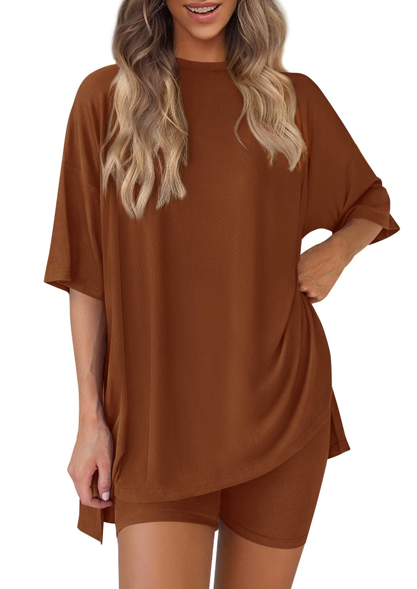 2025 summer new cross-border Europe, America, Amazon foreign trade fashion casual solid color loose women's pajama set