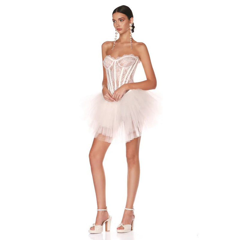 New cross-border luxury high-end bandeau patch wears herringbone dress skirt European and American style hem mesh bubble dress