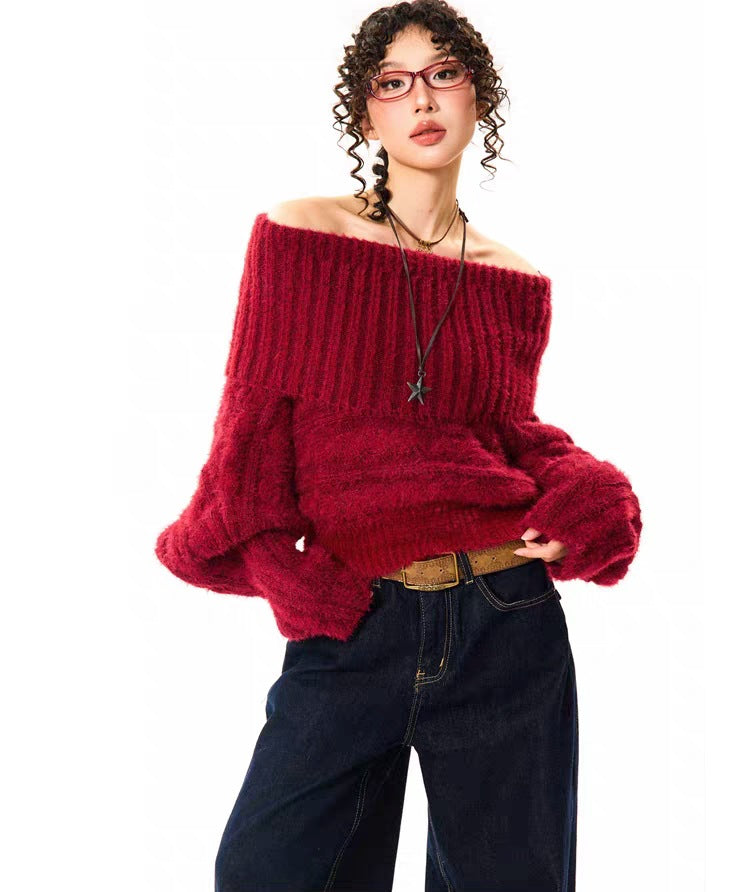 YOUNG Ankola Red Atmosphere Red Sweater Women's Winter Retro Spice Girl Short Shoulder Top