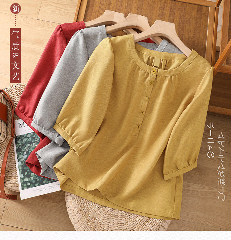 2025 summer new cotton and linen literary loose casual shirt top women