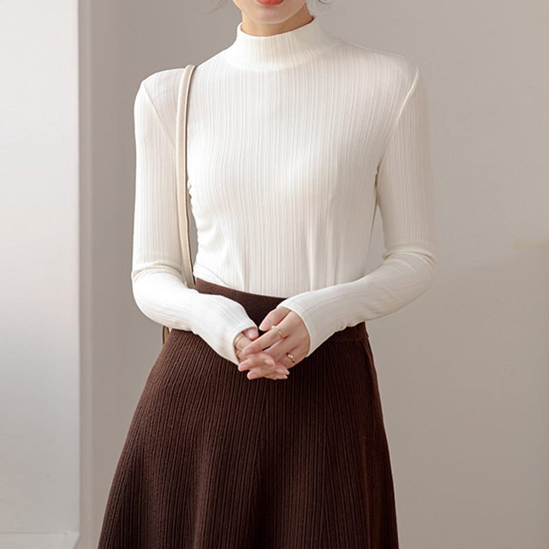 Premium Threaded Stand-Up Neck T-Shirt Women's Long Sleeve 2026 Autumn and Winter New Skinny Sexy Slim Top Tights Bottom Shirt