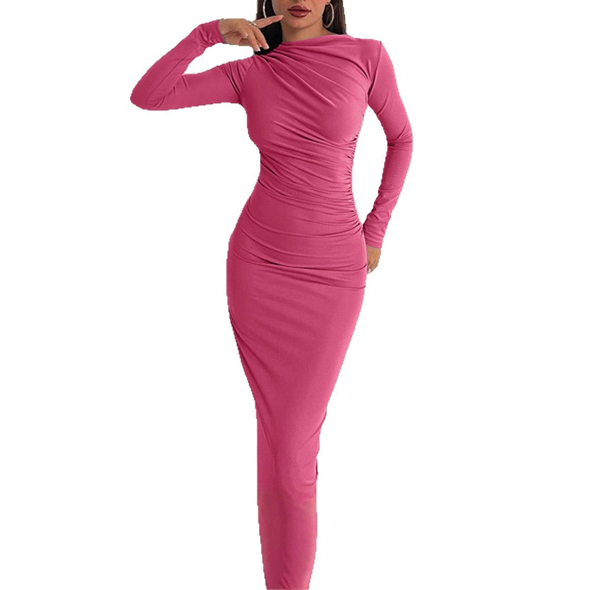 2025 spring and autumn cross-border hip-wrapped split-ended dress for women, slim and thin in spring and autumn, solid color, long sleeves, high waist and thin