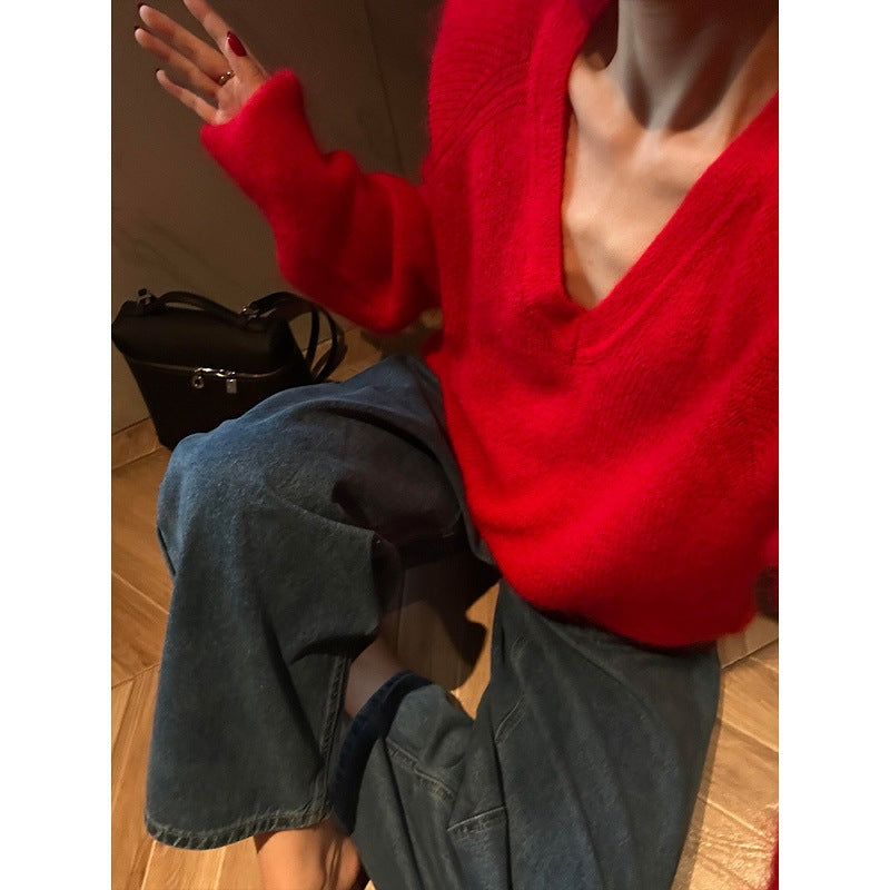 French red v-neck pullover mohair sweater women's autumn and winter outer wear milk fufu soft waxy loose knitted sweater top
