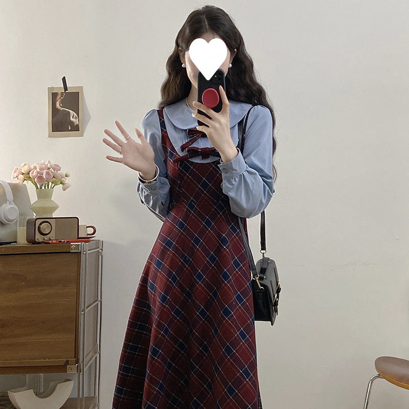 Autumn and winter retro college style niche design sense fake two-piece plaid dress women's waist thin gentle temperament skirt