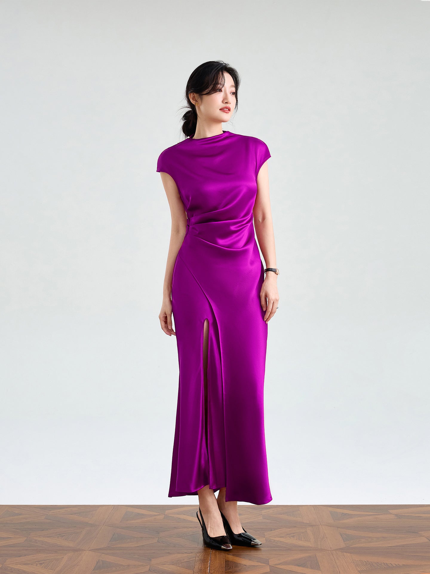 Haute couture imported acetic acid, pure desire style semi-turtleneck satin dress temperament thin split fork fish tail long dress French