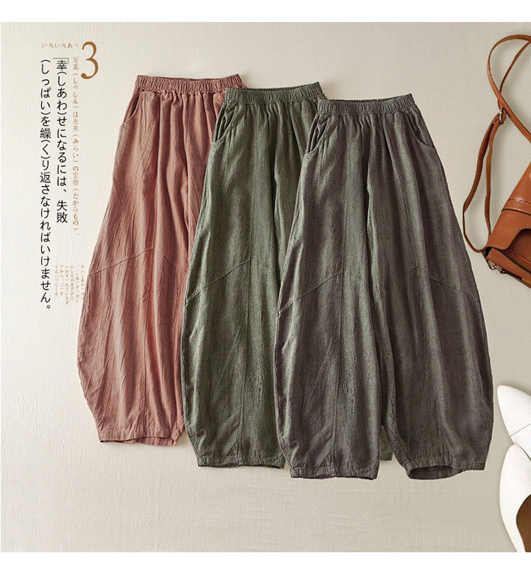 Real shot 2024 summer thin cotton and linen retro bloomers casual loose zen straight radish trousers women