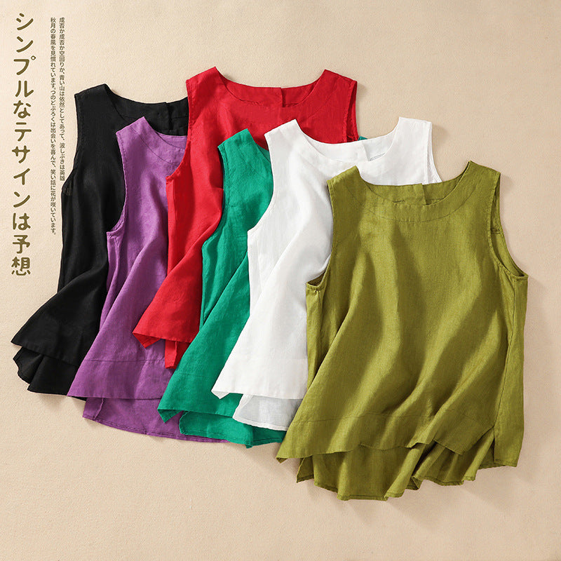 Real shot 2025 summer new literary loose solid color cotton and linen round neck sleeveless T-shirt women's vest top 9288 #