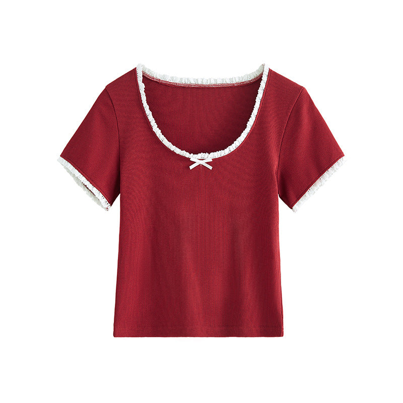 #260G Youke silk, Zhen quality #lace T-shirt women's summer new U-neck bow short-sleeved contrasting high-waisted top