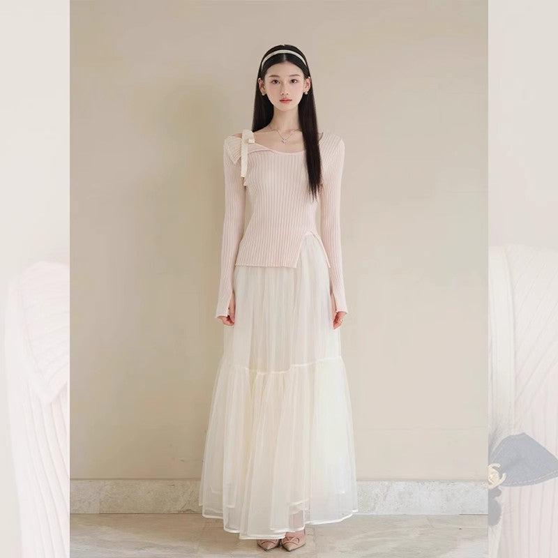 Pink irregular one-word shoulder long-sleeved knitted sweater women's spring and autumn short bottoming shirt temperament with split top