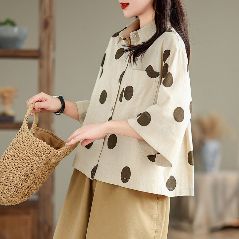 Real shot 2025 summer new literary loose polka dot lapel short-sleeved shirt blouse top #9531
