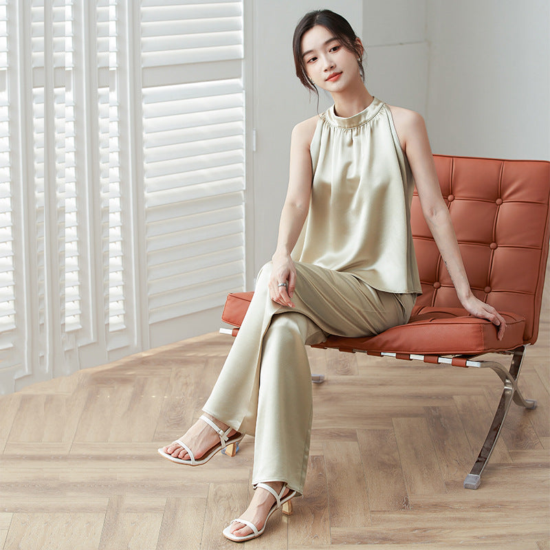 Haute couture clothing imported acetic acid commuter suit thin versatile spring and summer new temperament OL satin wide legs casual