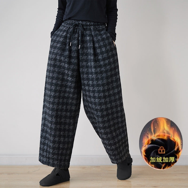Real large-size casual pants in the winter of 2025, new velvet, thickened and thin, loose plaid cotton pants for outer wear