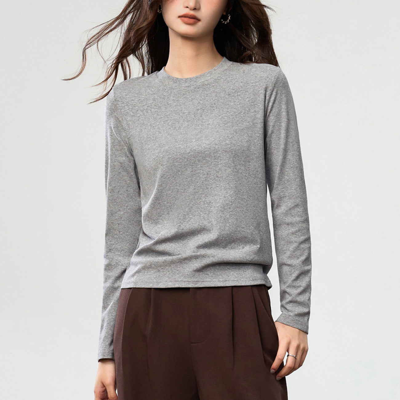 40 combed pure cotton, loose straight T-shirt women's semi-high round neck long-sleeved bottoming shirt solid color versatile pink top