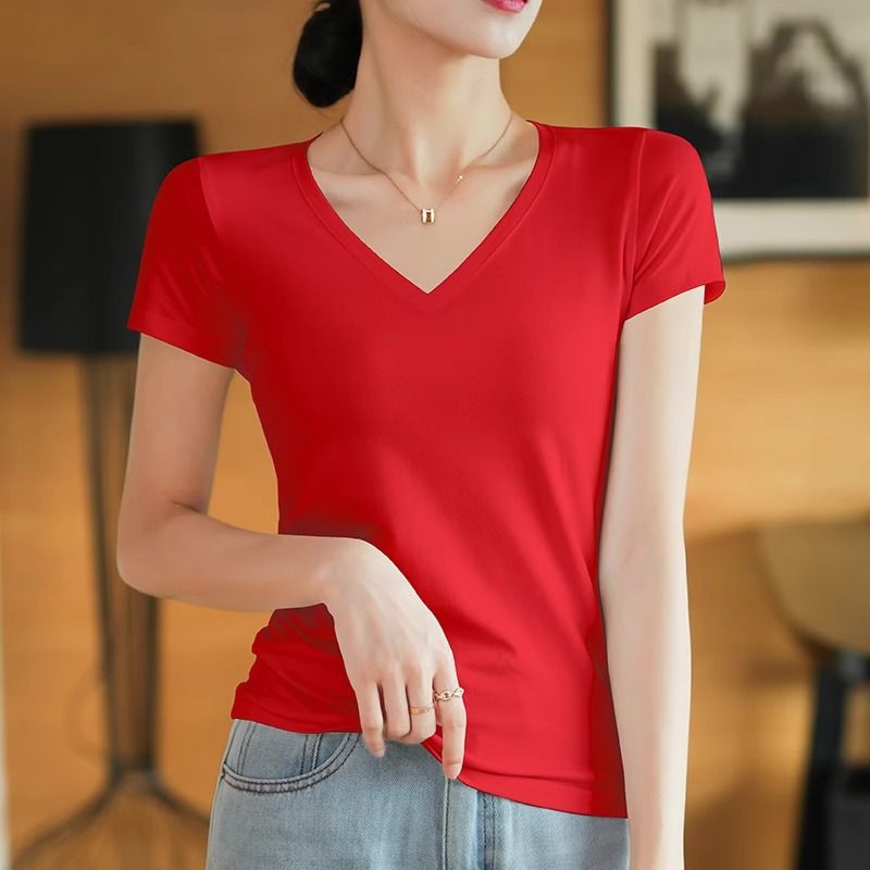 Big red short-sleeved t-shirt women's pure cotton high-end niche non-collision style summer versatile summer beautiful small top t-shirt