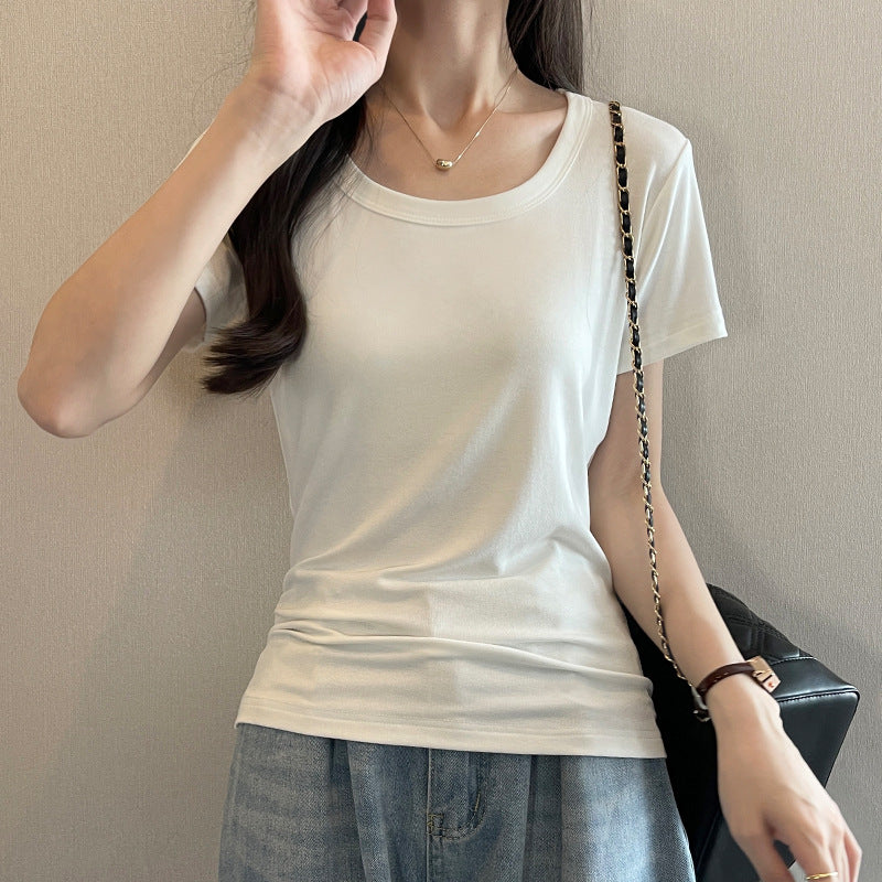 White U-neck short-sleeved t-shirt women's top fashionable foreign style big collar thread 2025 Internet celebrity bottoming shirt versatile and exquisite