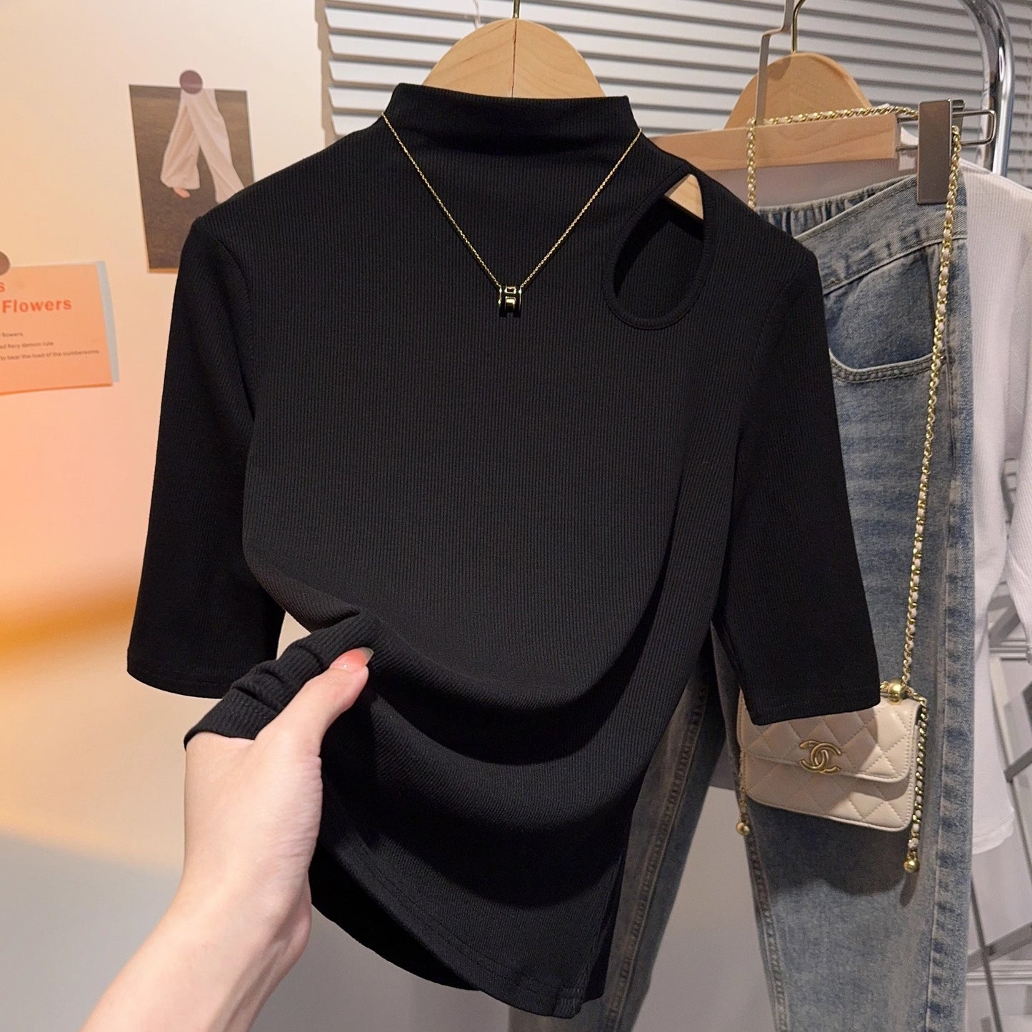 Semi-turtleneck medium-sleeved T-shirt for women's inner wear 2025 spring and summer new threaded hollow bottoming shirt white foreign style top