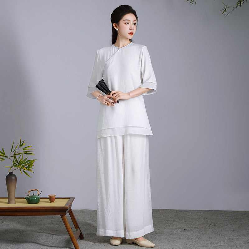 2025 Women's Yoga Clothing Set Ethnic Style Improved Chinese Top Women's Zen Clothing Cotton and Linen Chinese Style Class Clothing Tea