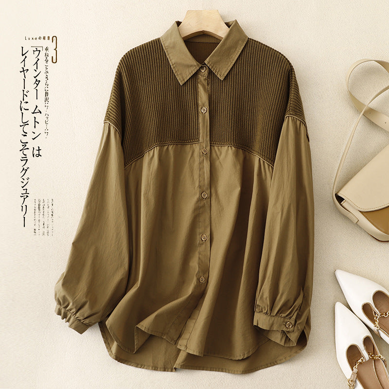 Real shot 2025 autumn new loose solid color lapel corduroy splicing long-sleeved shirt jacket shirt women's top