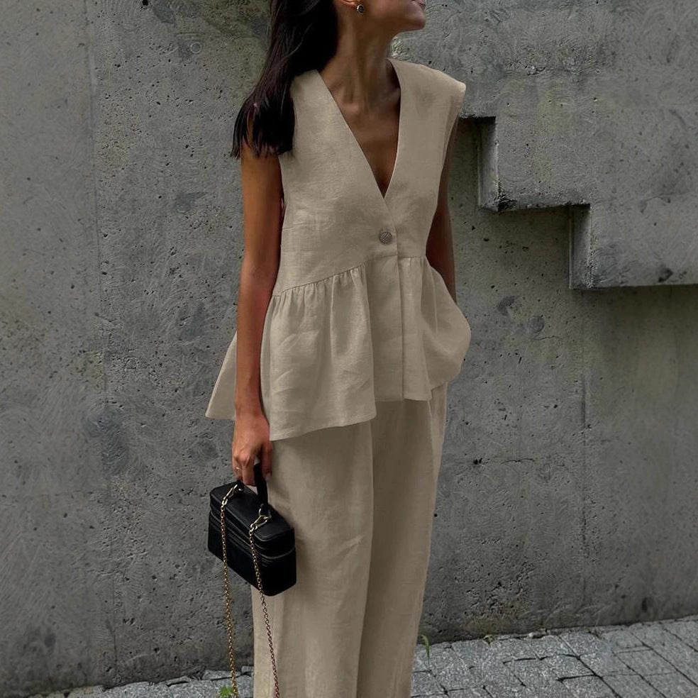 2025 cotton V-neck sleeveless top vest trousers set women's European and American new solid color temperament commuter two-piece set
