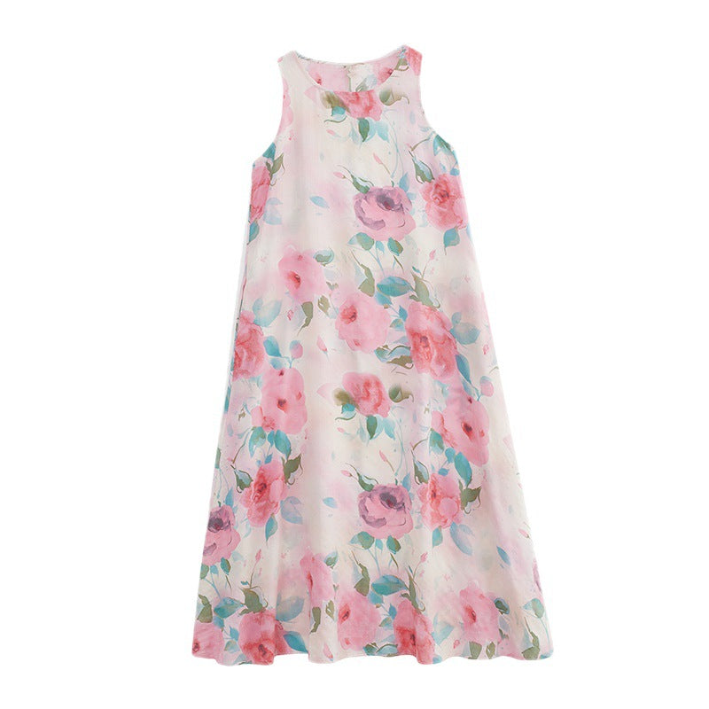 Real shot 2023 summer new literary loose cotton and linen printing round neck sleeveless dress women's medium and long 8602 #