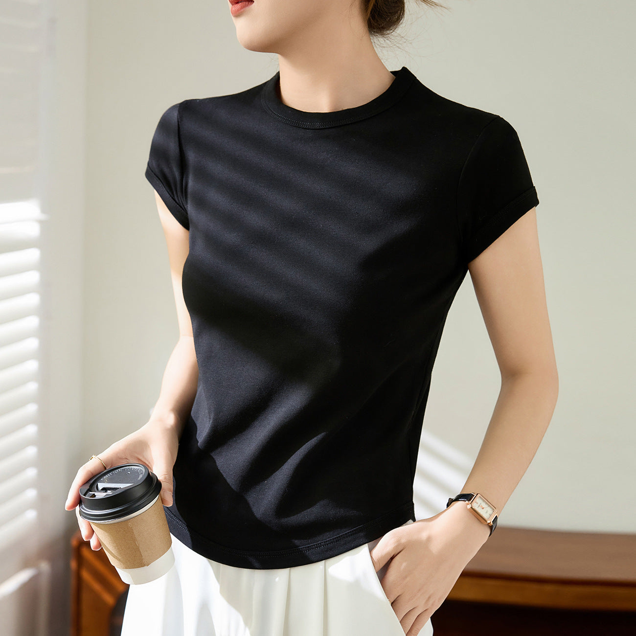 [High Quality] Selection of Pure Cotton Premium Short Sleeve T-Shirt Women's Summer 2026 New Curved Slim Top Bottom Shirt